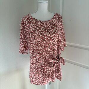 Lands End Red Floral Side Tie Faux Wrap Top XL 18 Short Sleeve Cotton Modal